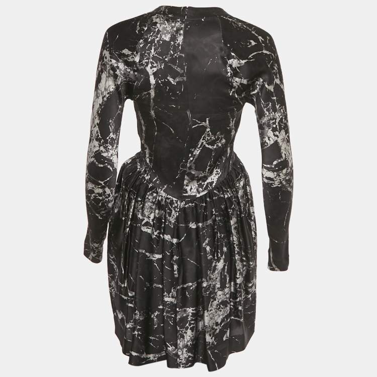 Pre Owned Balenciaga Black Printed Silk Plunge Neck Mini Dress S