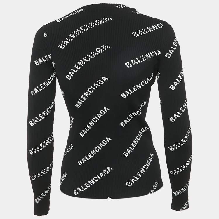 Pre Owned Balenciaga Black Logo All-Over Print Rib Knit Pullover M