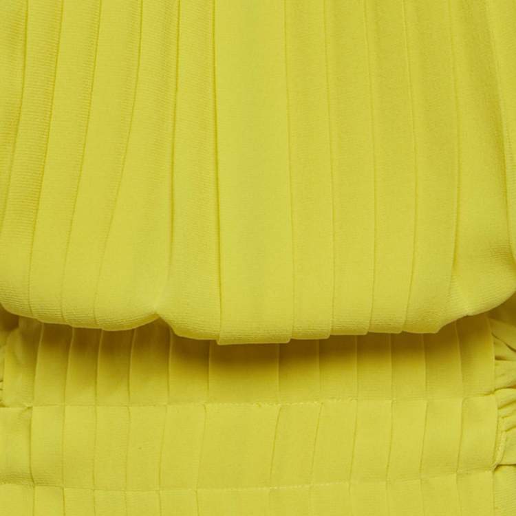Pre Owned  Balenciaga Yellow Silk Puff Sleeve Pleated Mini Dress M