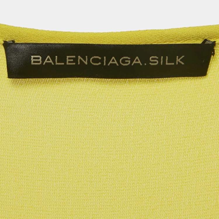 Pre Owned  Balenciaga Yellow Silk Puff Sleeve Pleated Mini Dress M