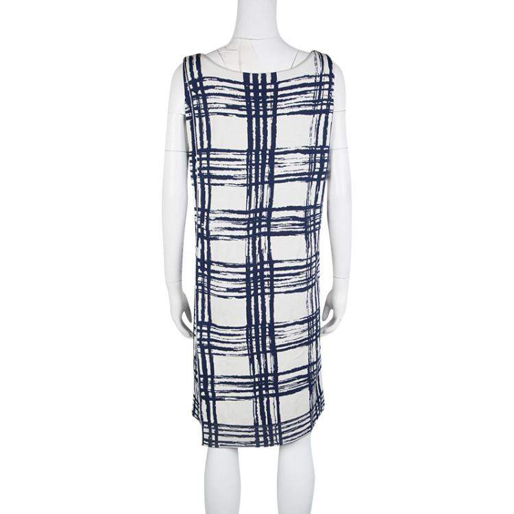Pre Owned Balenciaga Knits Navy Blue and White Abstract Checked Silk Dress S