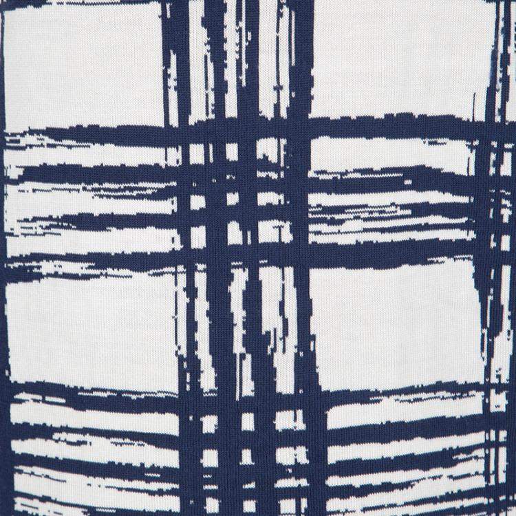 Pre Owned Balenciaga Knits Navy Blue and White Abstract Checked Silk Dress S