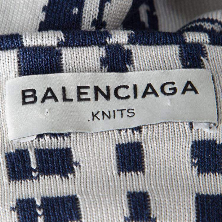 Pre Owned Balenciaga Knits Navy Blue and White Abstract Checked Silk Dress S