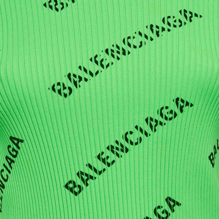 Pre Owned Balenciaga Neon Green Techno Logo Print Rib Knit Crewneck Pullover M