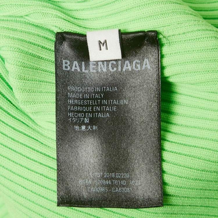 Pre Owned Balenciaga Neon Green Techno Logo Print Rib Knit Crewneck Pullover M