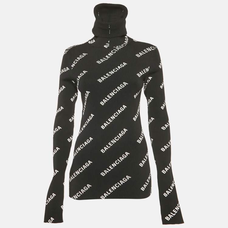 Pre Owned Balenciaga Black Logo Print Rib Knit Turtleneck Sweater M