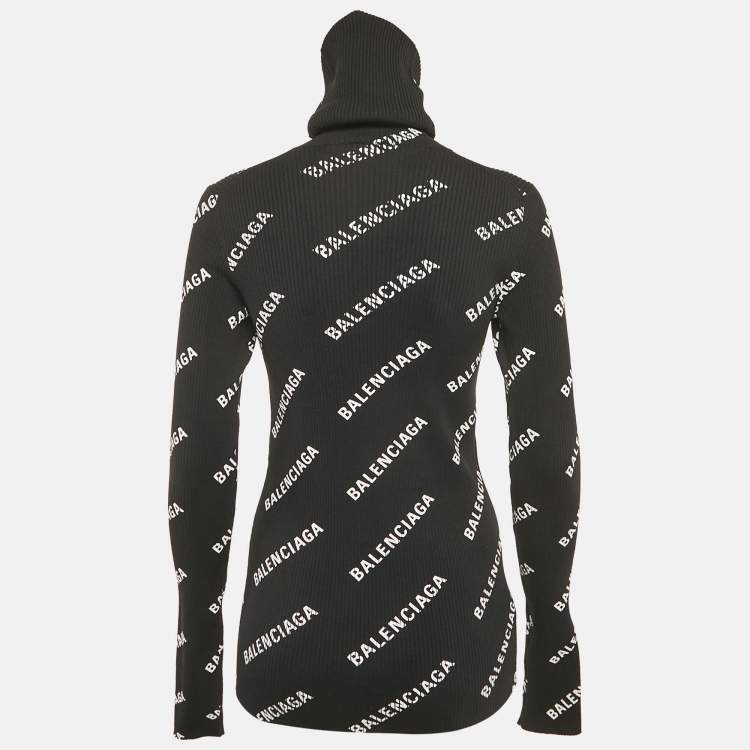 Pre Owned Balenciaga Black Logo Print Rib Knit Turtleneck Sweater M