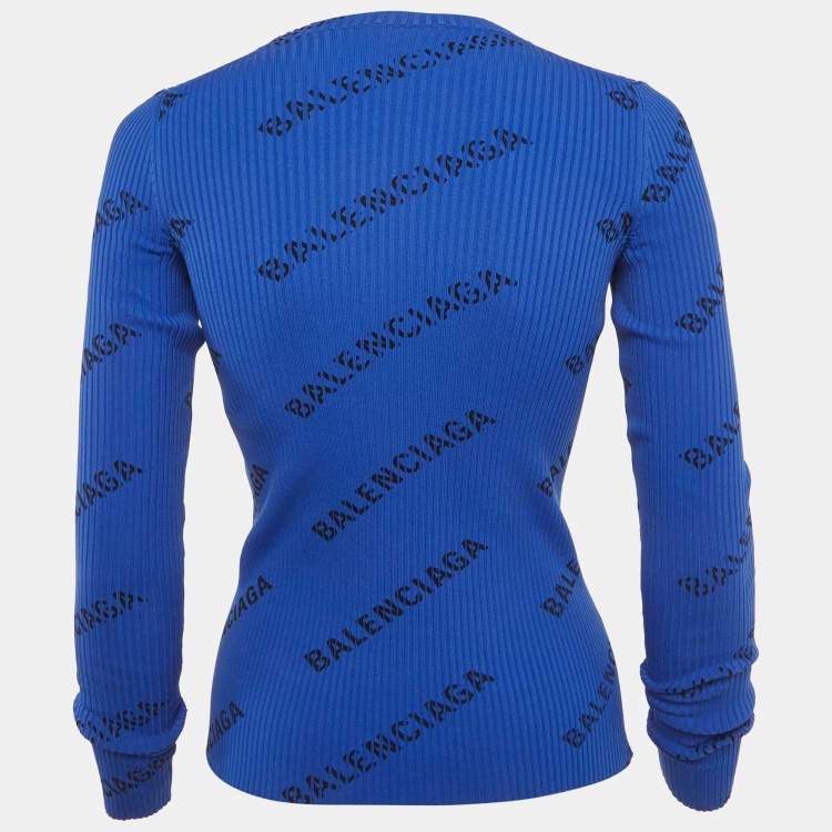 مملوكة مسبقًا Balenciaga Blue Logo Print All-Over Rib Knit Pullover XS