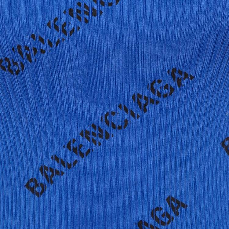 مملوكة مسبقًا Balenciaga Blue Logo Print All-Over Rib Knit Pullover XS