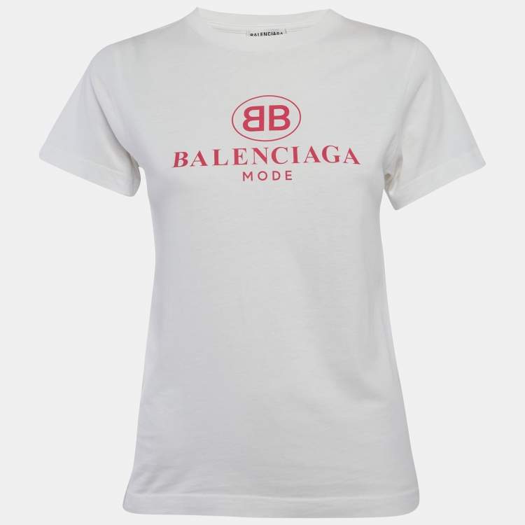 Pre Owned Balenciaga White Logo Print Jersey T-Shirt M