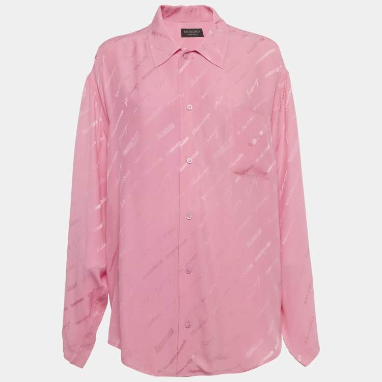 Pre Owned Balenciaga Homeware Pink All-Over Logo Silk Oversized Shirt S