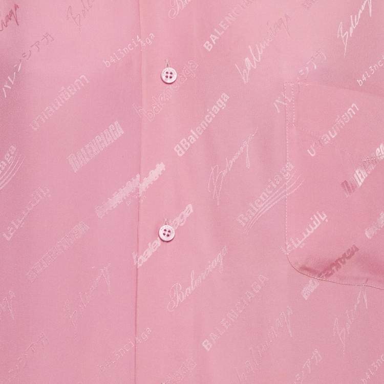 Pre Owned Balenciaga Homeware Pink All-Over Logo Silk Oversized Shirt S