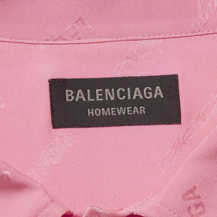 Pre Owned Balenciaga Homeware Pink All-Over Logo Silk Oversized Shirt S