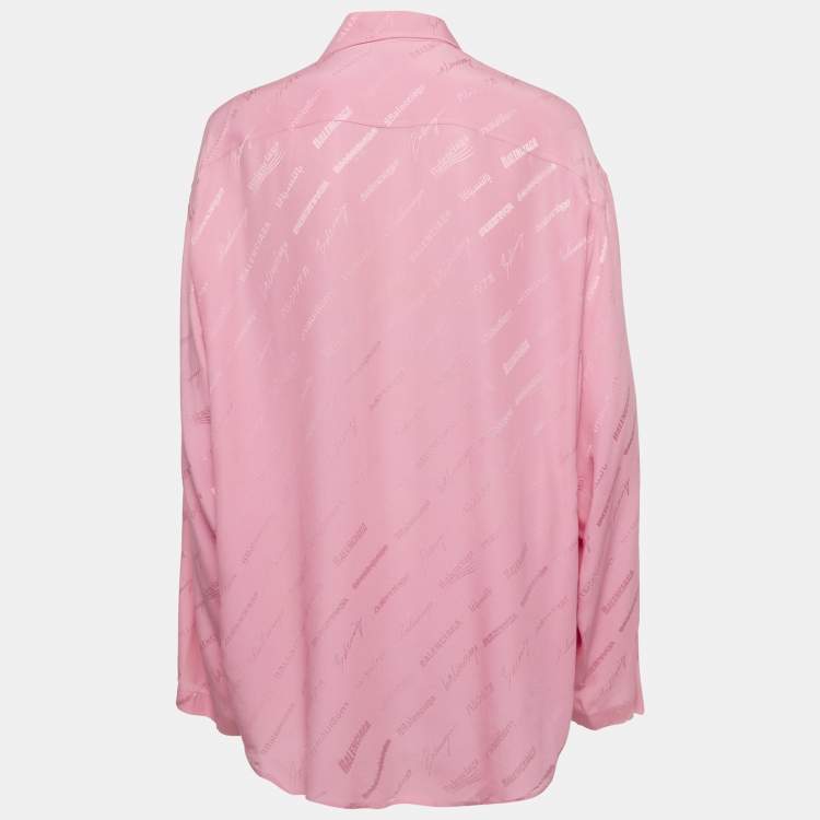 Pre Owned Balenciaga Homeware Pink All-Over Logo Silk Oversized Shirt S