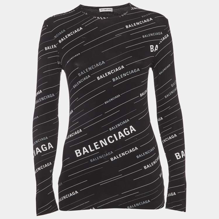 Pre Owned Balenciaga Black Logo All-Over Print Jersey Fitted Top S