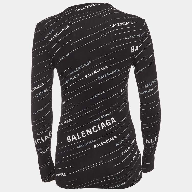 Pre Owned Balenciaga Black Logo All-Over Print Jersey Fitted Top S