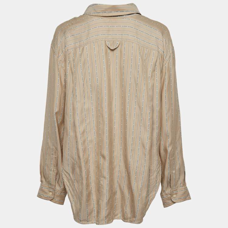 Pre Owned Balenciaga Beige Logo Stripe Silk Oversized Shirt M