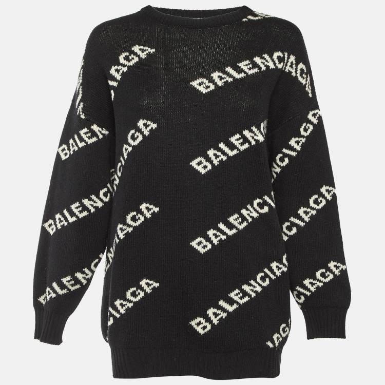 Pre Owned Balenciaga Black All Over Logo Wool Blend Knit Sweater M