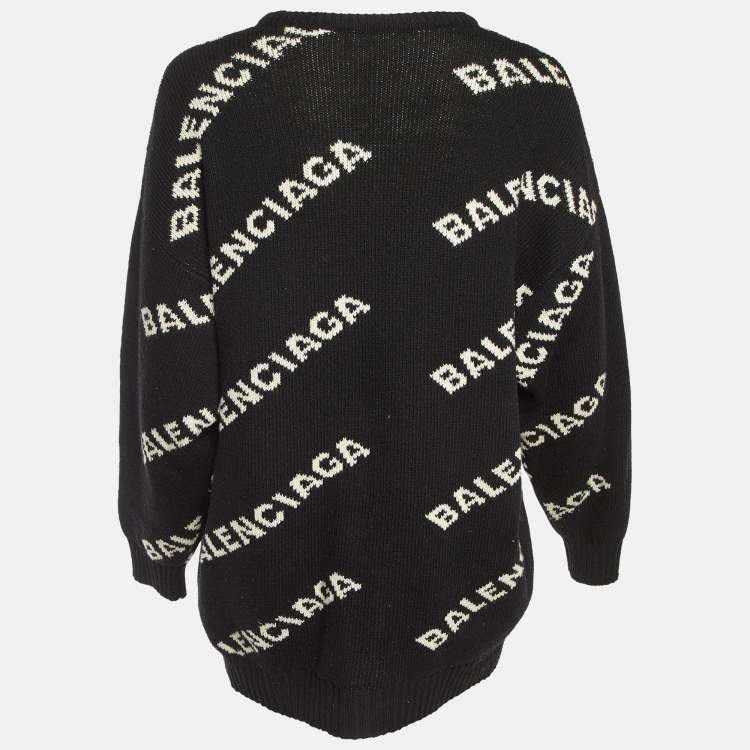 Pre Owned Balenciaga Black All Over Logo Wool Blend Knit Sweater M