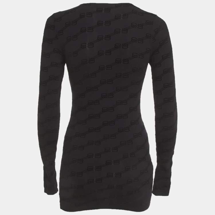 Pre Owned Balenciaga Black BB Flocked Jersey Fitted Top L
