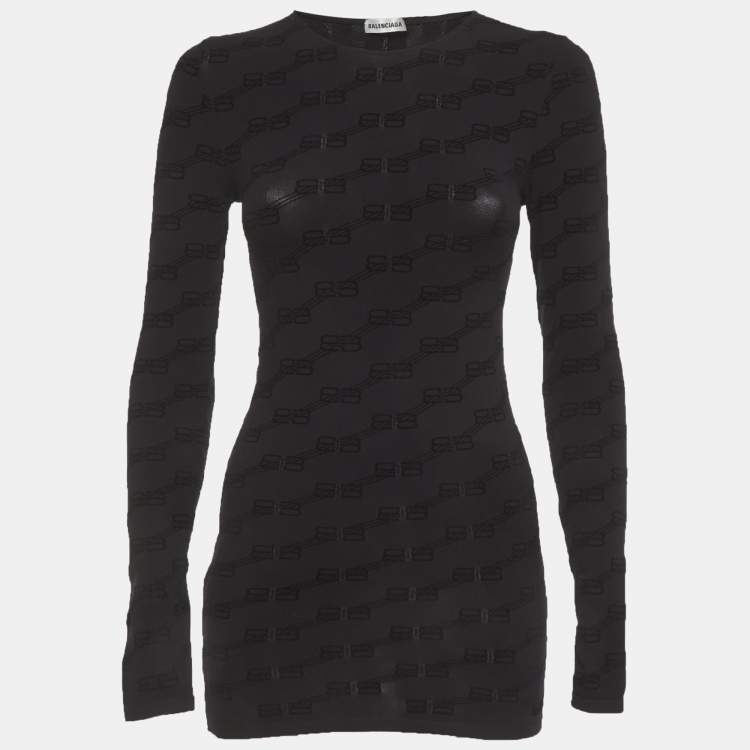 Pre Owned Balenciaga Black BB Flocked Jersey Fitted Top L