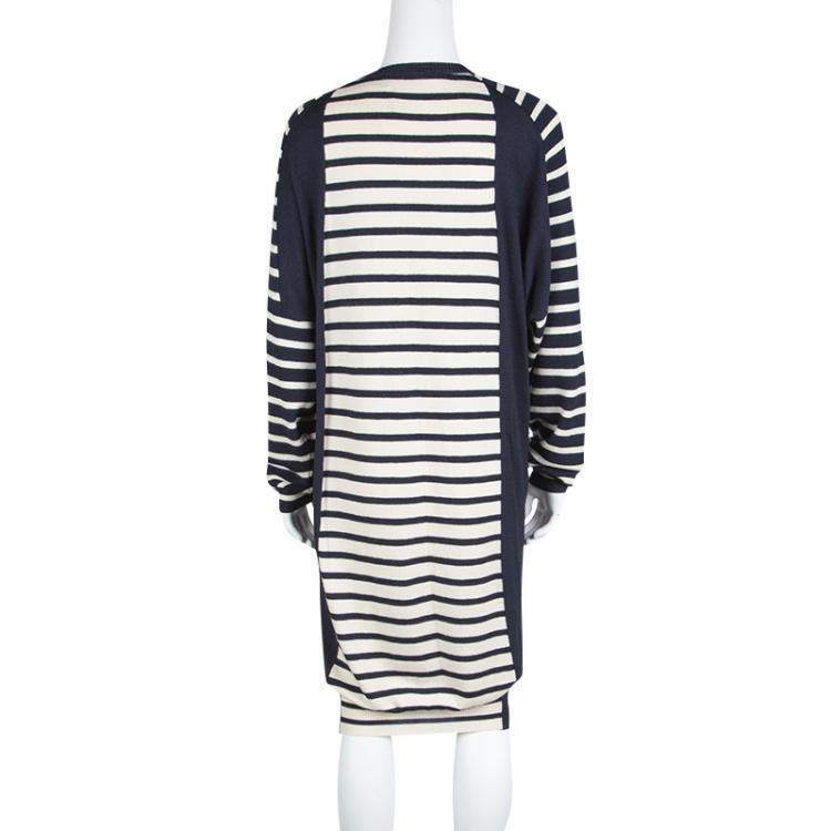 Pre Owned Balenciaga Navy Blue and Cream Striped Silk Cashmere Sweater Dress M