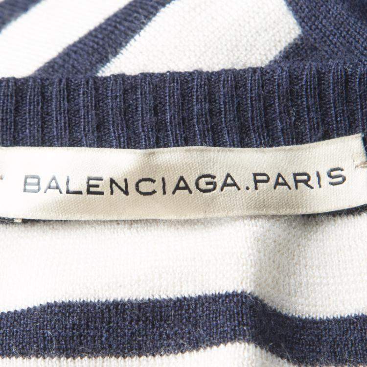Pre Owned Balenciaga Navy Blue and Cream Striped Silk Cashmere Sweater Dress M