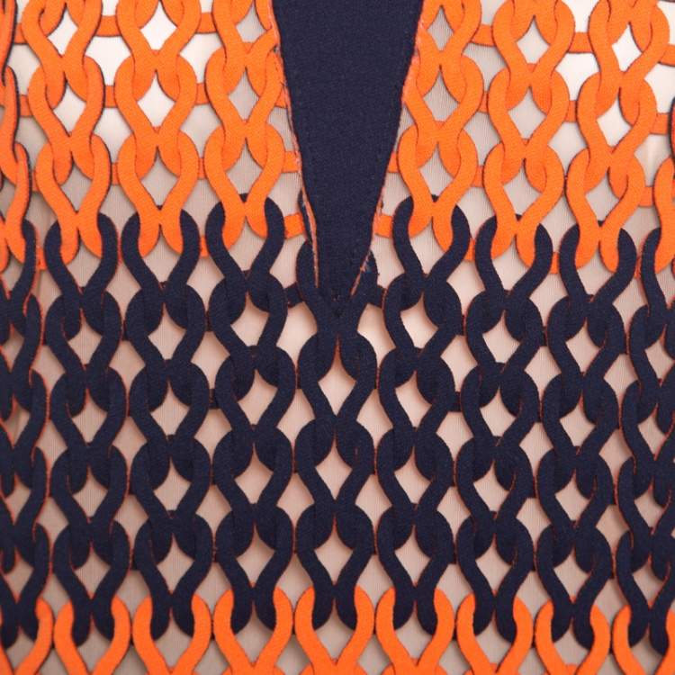 Pre Owned Balenciaga Blue and Neon Orange Open Loop Weave Detail Sleeveless Top S