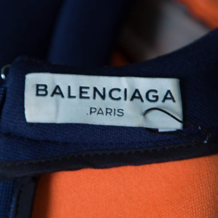 Pre Owned Balenciaga Blue and Neon Orange Open Loop Weave Detail Sleeveless Top S