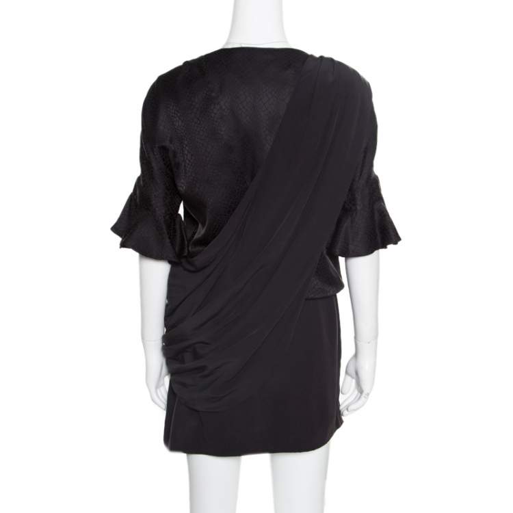 Pre Owned Balenciaga Black Silk Animal Scale Pattern Side Draped Dress L