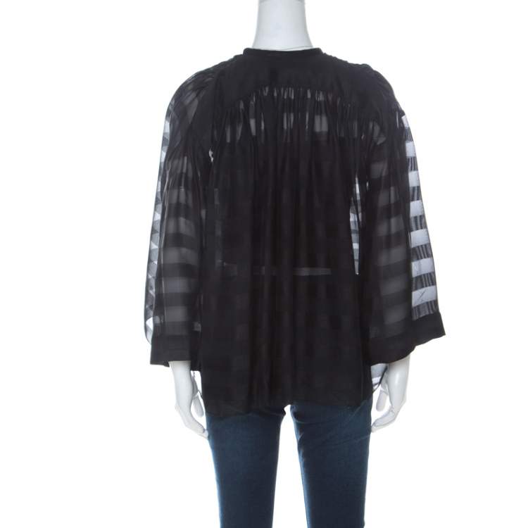 Pre Owned Balenciaga Black Striped Chiffon High-Low Three Quarter Sleeve Blouse S