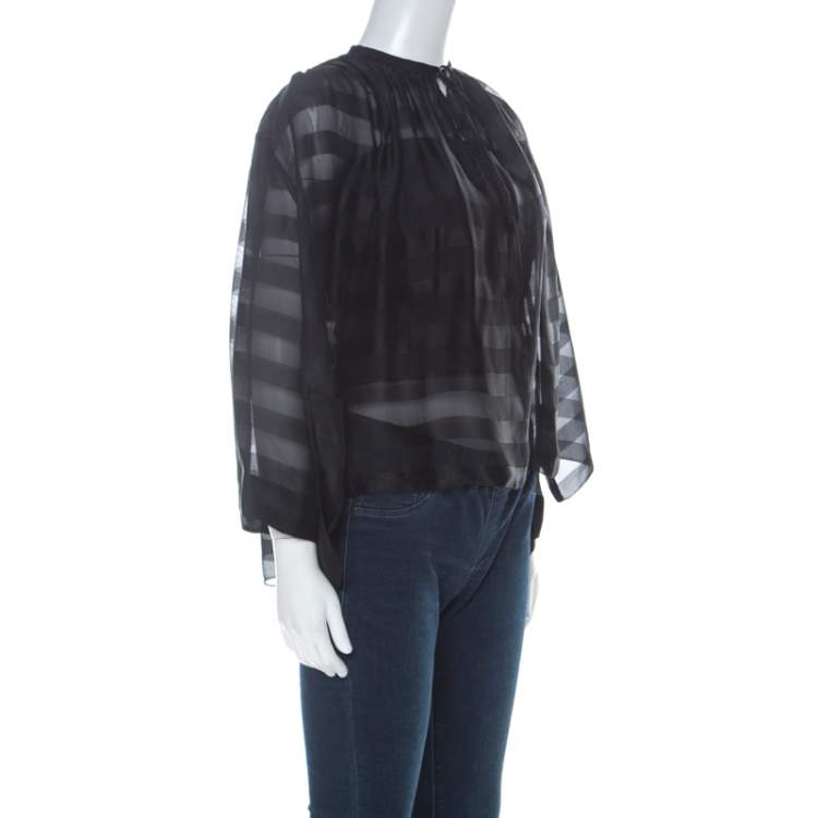 Pre Owned Balenciaga Black Striped Chiffon High-Low Three Quarter Sleeve Blouse S
