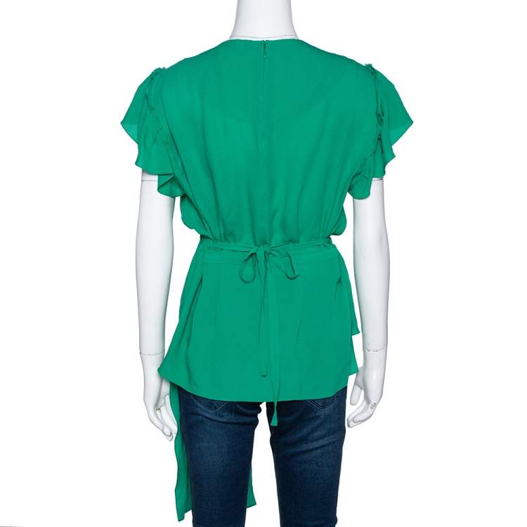 Pre Owned Balenciaga Green Silk Pleated Asymmetrical Blouse M