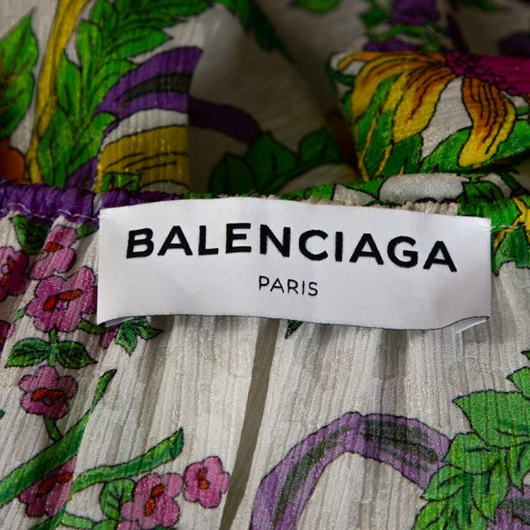 Pre Owned Balenciaga White Floral Print Lurex Silk Slide Blouse L