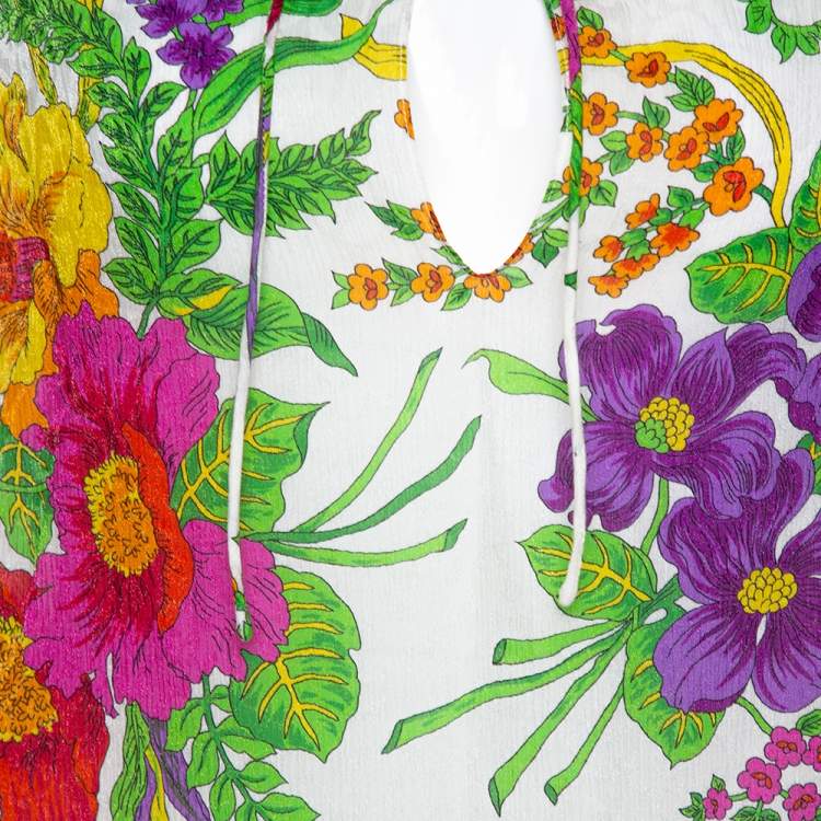 Pre Owned Balenciaga White Floral Print Lurex Silk Slide Blouse L