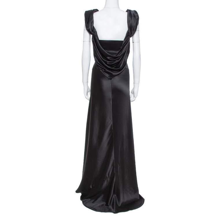 Pre Owned Balenciaga Paris Black Satin Draped Neck Detail Evening Gown M