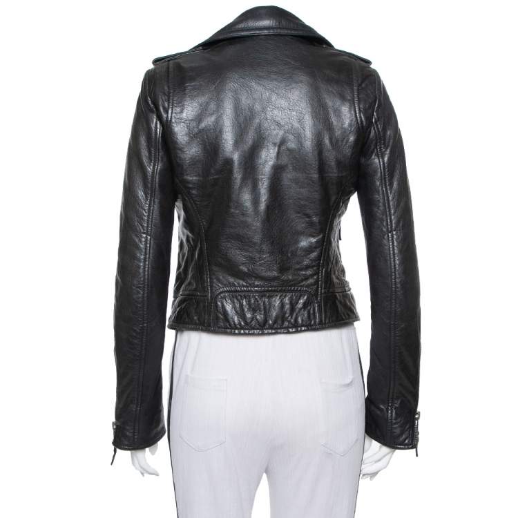 Pre Owned Balenciaga Black Leather Zipper Front Biker Jacket S