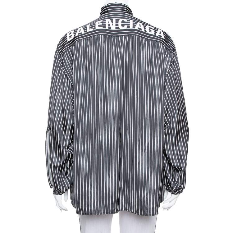 Pre Owned Balenciaga  Black Striped Satin Neck Tie Detail Oversized Shirt S