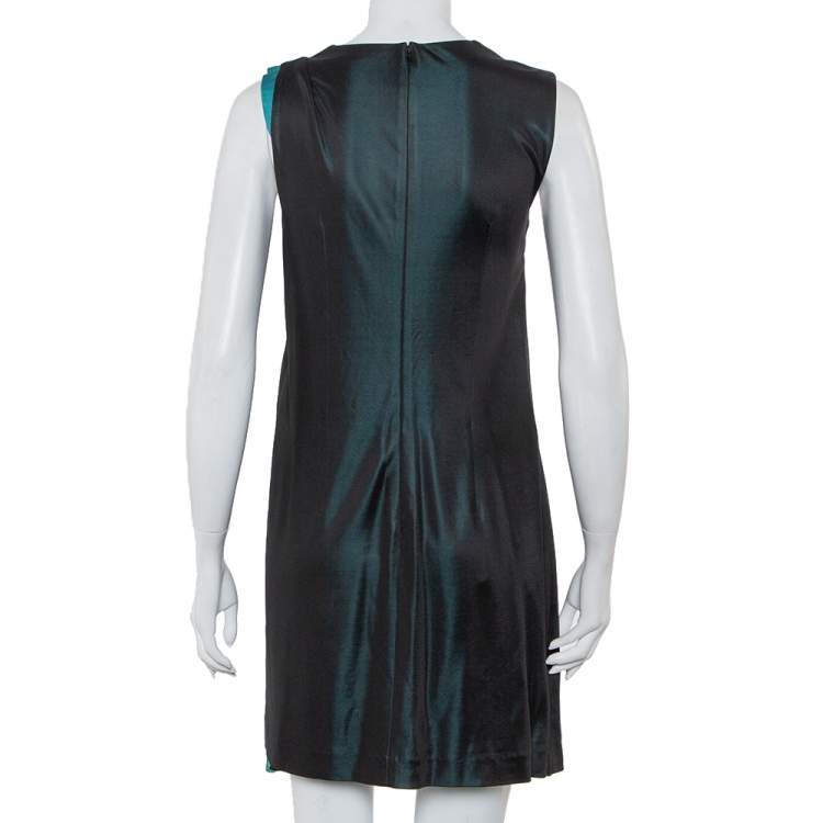 Pre Owned Balenciaga Black & Teal Green Knit Paneled Sleeveless Shift Dress L