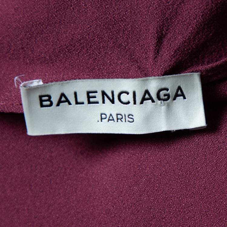 Pre Owned Balenciaga Burgundy Crepe Fringed Cape Detail Asymmetric Hem Midi Dress L