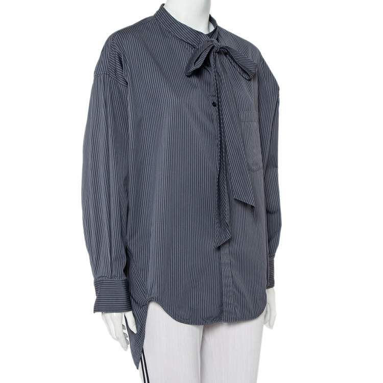 Pre Owned Balenciaga Charcoal Grey Striped Cotton Neck Tie Detail Oversized Shirt S