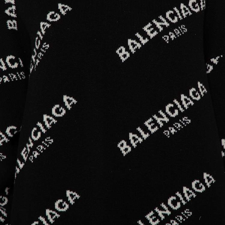 Pre Owned Balenciaga Black Logo Intarsia Knit Oversized Turtleneck Sweater S