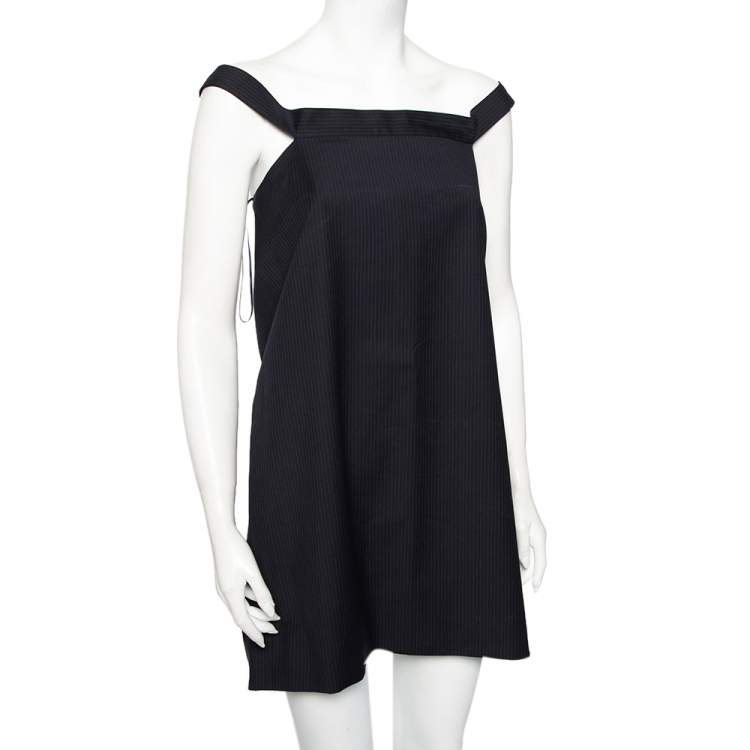 Pre Owned Balenciaga Navy Blue Striped Wool Off Shoulder Shift Dress M