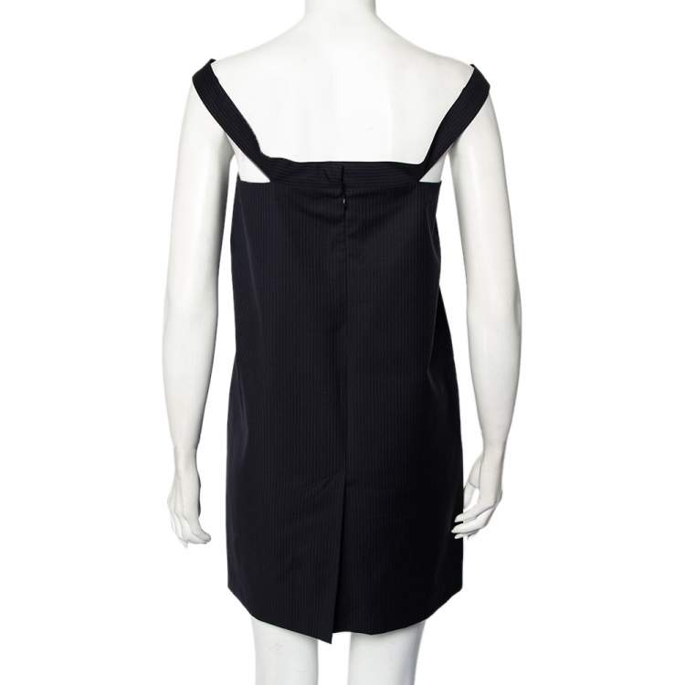Pre Owned Balenciaga Navy Blue Striped Wool Off Shoulder Shift Dress M
