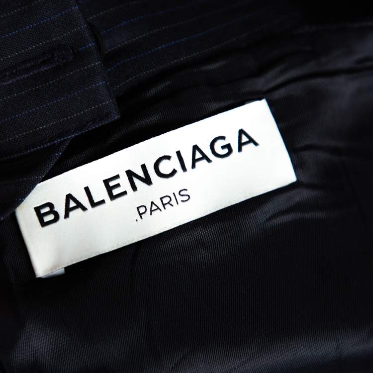 Pre Owned Balenciaga Navy Blue Striped Wool Off Shoulder Shift Dress M