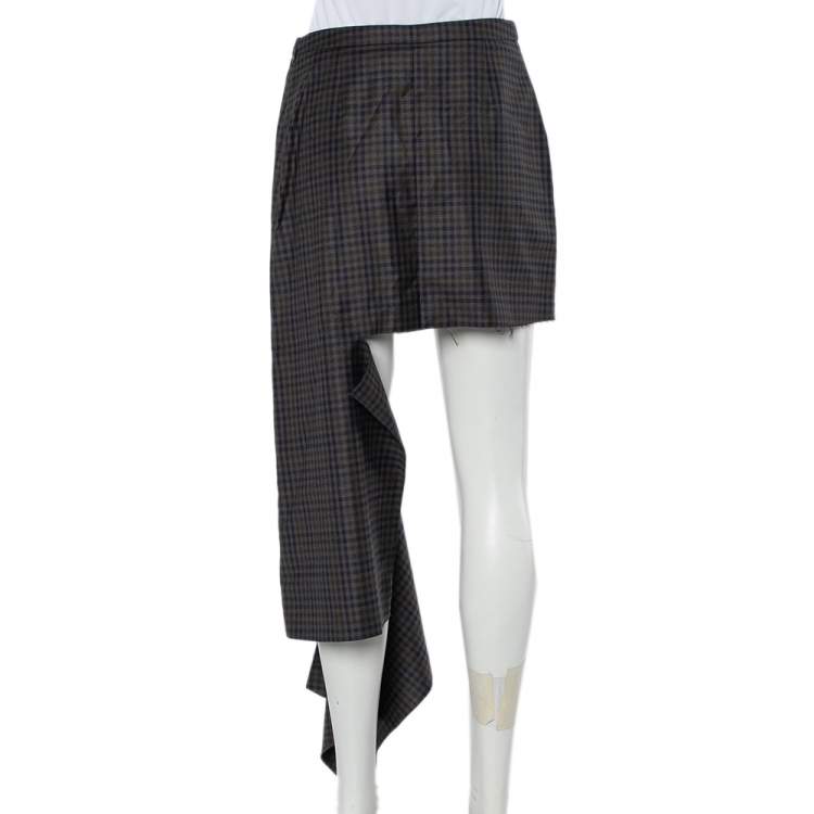 Pre Owned Balenciaga Brown Checkered Wool Asymmetrical Hem Skirt S
