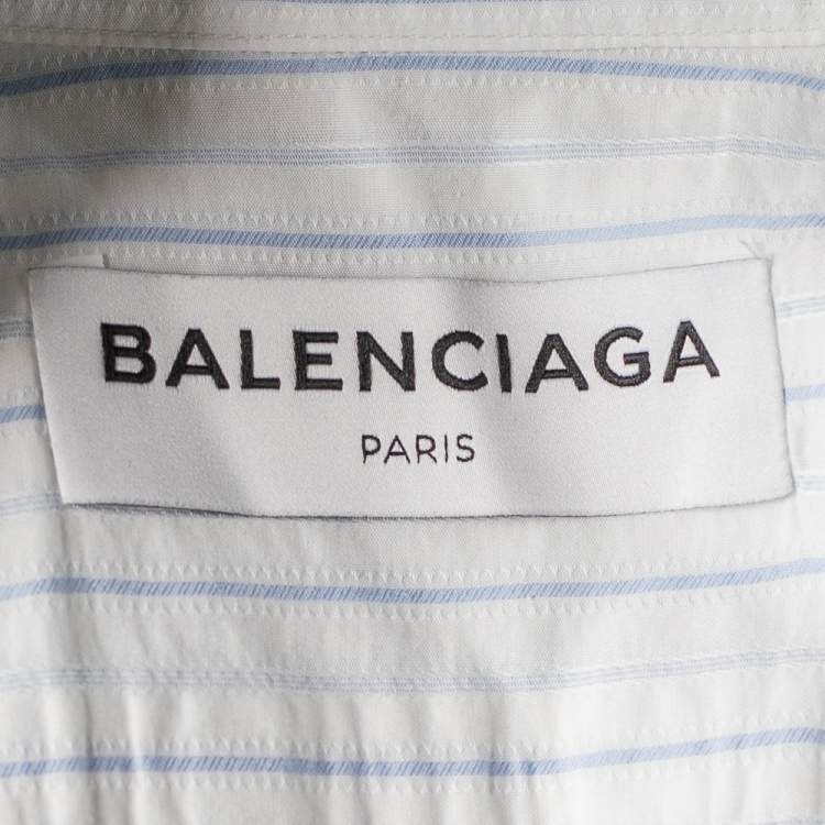 Pre Owned Balenciaga White Striped Cotton Wide Open Collar Detail Oversized Shirt S