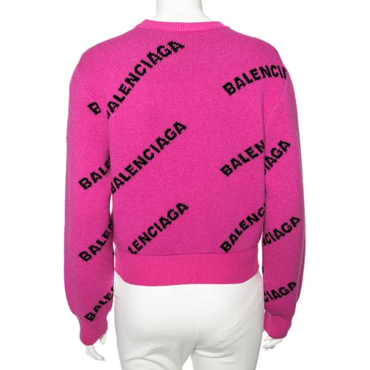 Pre Owned Balenciaga Pink Allover Logo Wool Crew Neck Sweater S