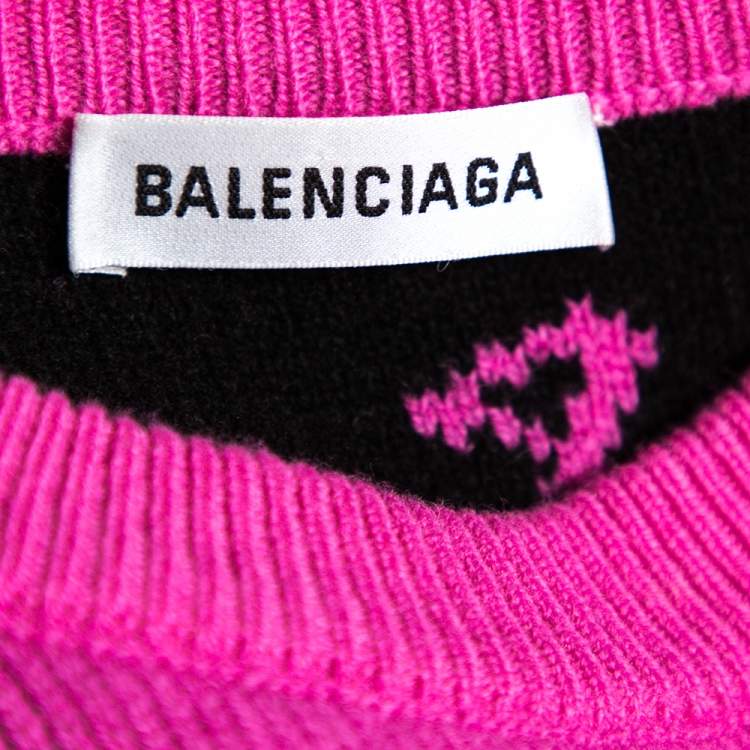 Pre Owned Balenciaga Pink Allover Logo Wool Crew Neck Sweater S