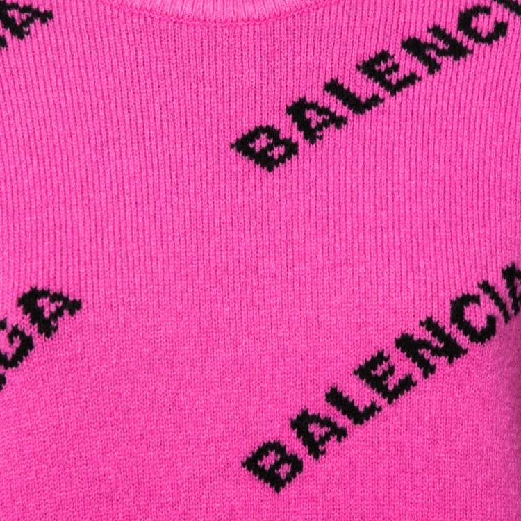 Pre Owned Balenciaga Pink Allover Logo Wool Crew Neck Sweater S